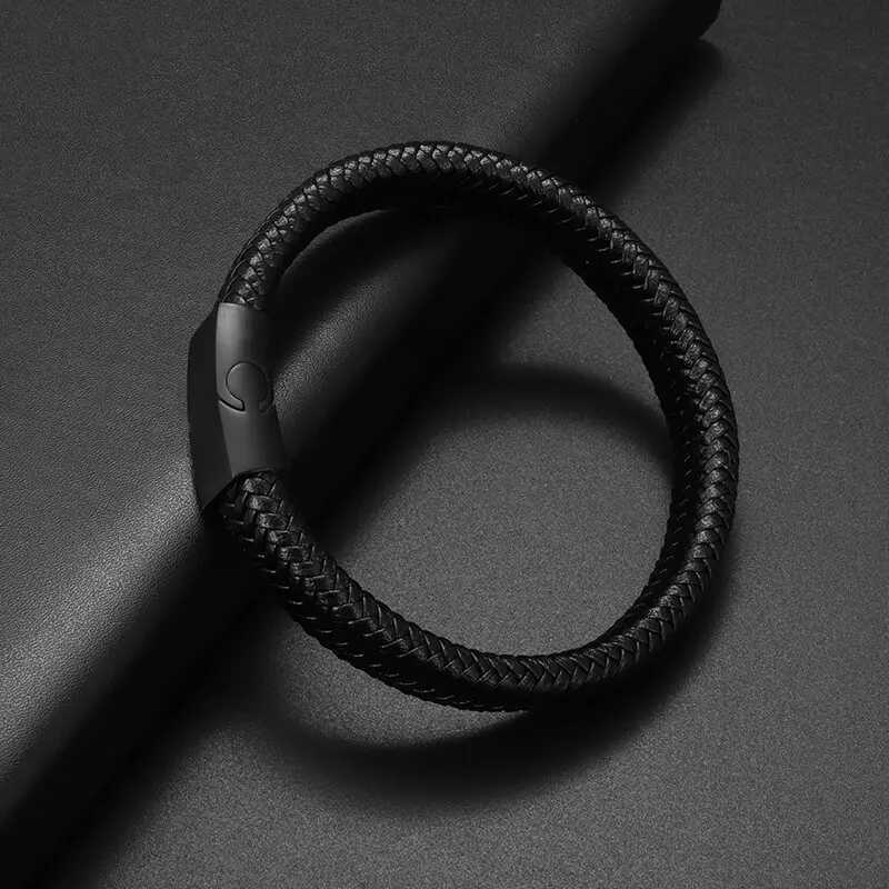 Simple style mens handmade leather bracelet black high-quality metal buckle fashionable casual wristband gift W240830