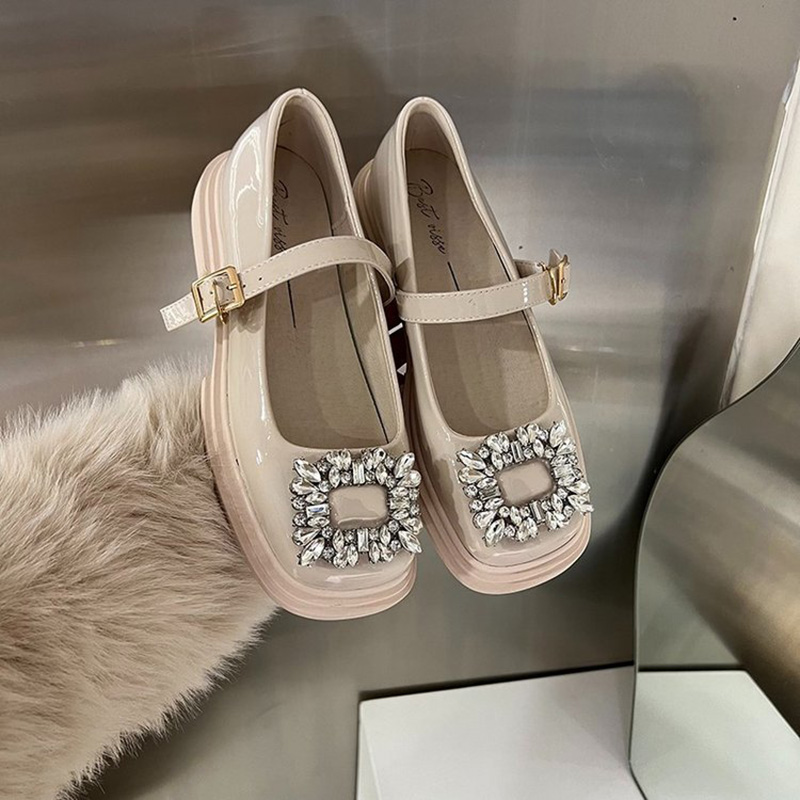 japanned leather suqare crystal e408f shoes woman ankle belt mary janes brand designer rhie buckle brogue flats women