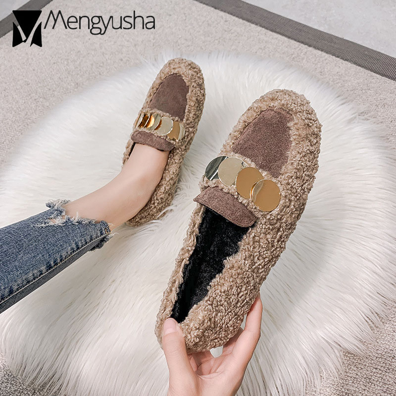 metal 55c3b gold sheet decoration lamb flats women warm plush padded winter ladies suede patchwork curly fur cotton shoes