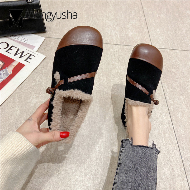 Plush Nubuck moccasins 18080 cowhide woman cord-knot real leather flats winter cotton shoes women slip on wool fur loafers plus size