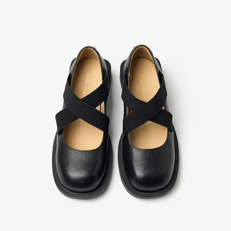 Flat BeauToday Shoes Women Sheepskin Cross-Tied Elastic Band Square Toe Solid Color New Spring Retro Ladies Slip-on Handmade 28476 b077