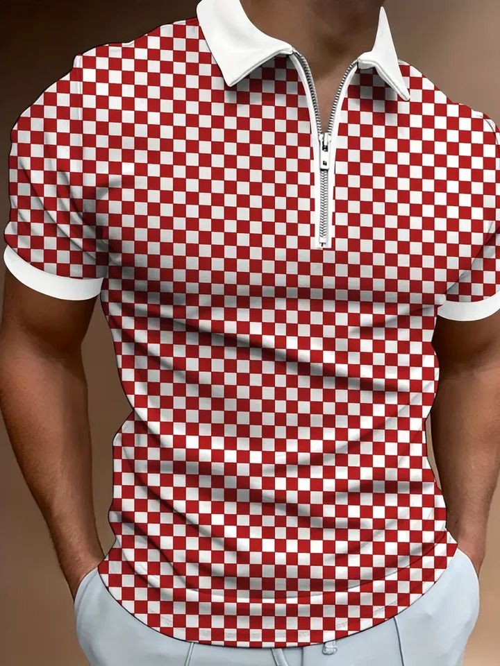 Fashion Mens Short Sleeve Zip Lapel POLO Shirt 3D Printed Plain Business Casual Polo T Pullover Top 240902