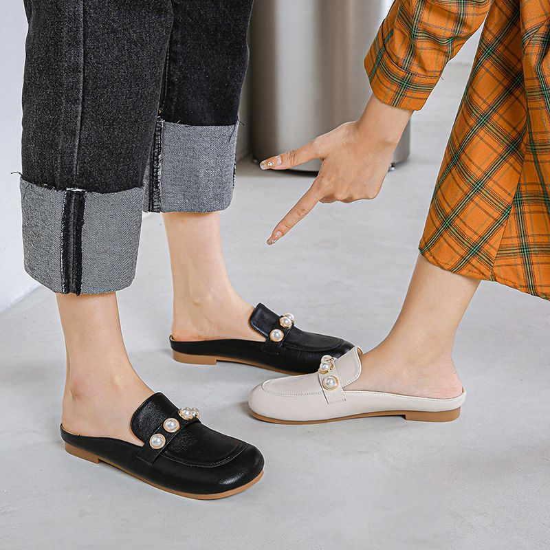 Mules Pearl Rivets Slippers for Women, Square Toe Leather Slides, Outdoor Footwear, Designer Beaded Big Size 43 4