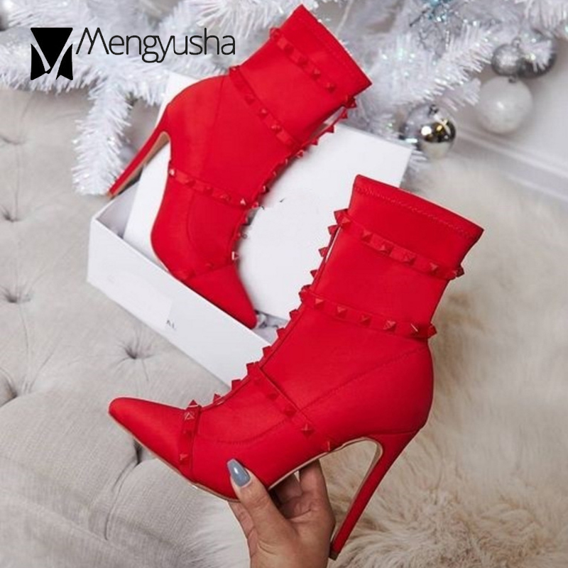 band women Studs stiletto boots stretch fabric short booties ladies european brand rivets belt sock boos 35-42 atos mujer 0986