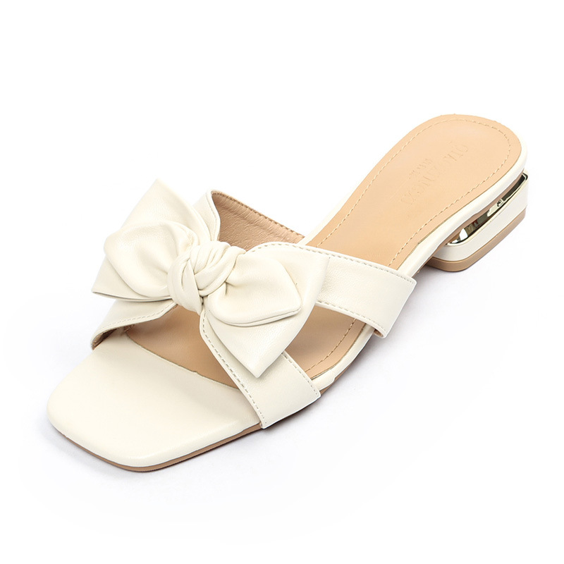bowknot leather women slippers open toe low heel metal decoration flip ps female yellow bow slides sandalias plus size 43 yel 1a5