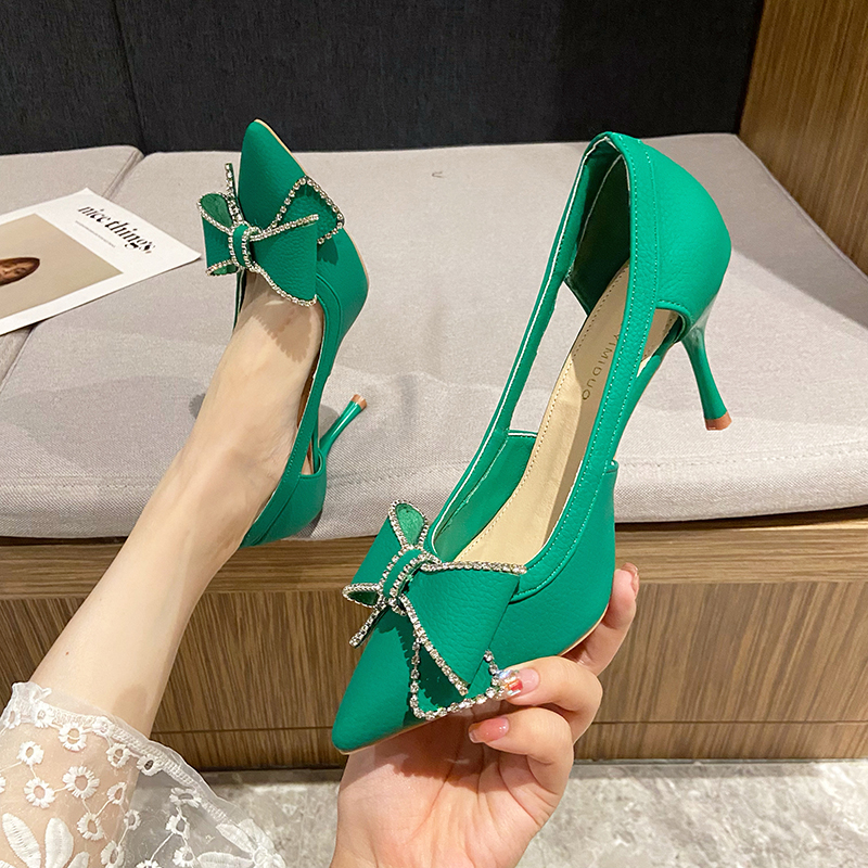 Women's New Pumps Bow Leather Pointed Toe High Women Satin Thin Heels Fashion Sexy Sandals Ladies Dress Shoes 470e