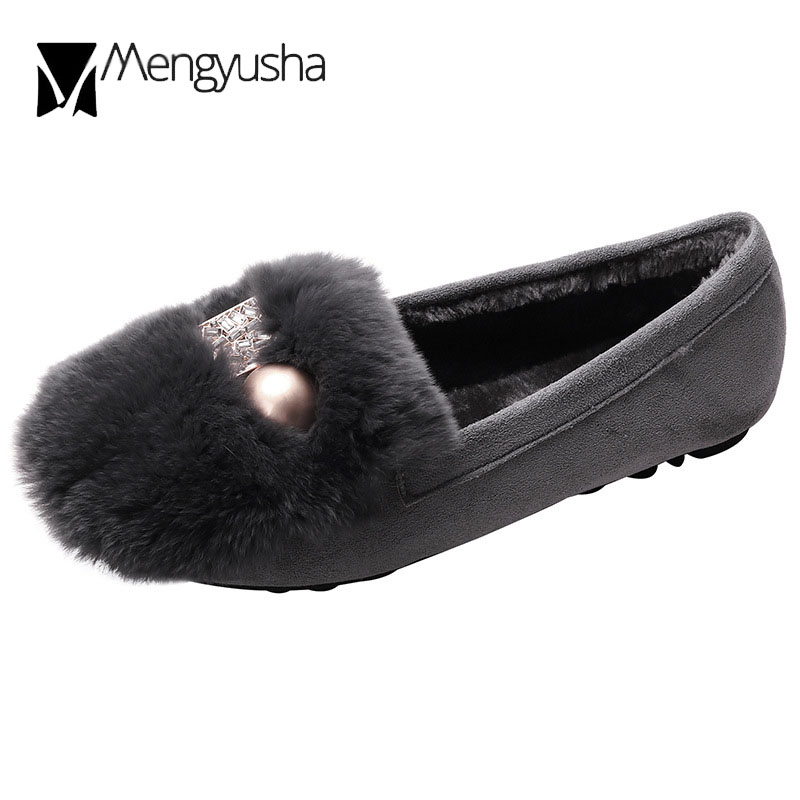 flats 78332 Rabbit woman fur crysatl metal ball plush loafers winter cotton shoes women fleeces furry moccasins plus size 40-43 ry