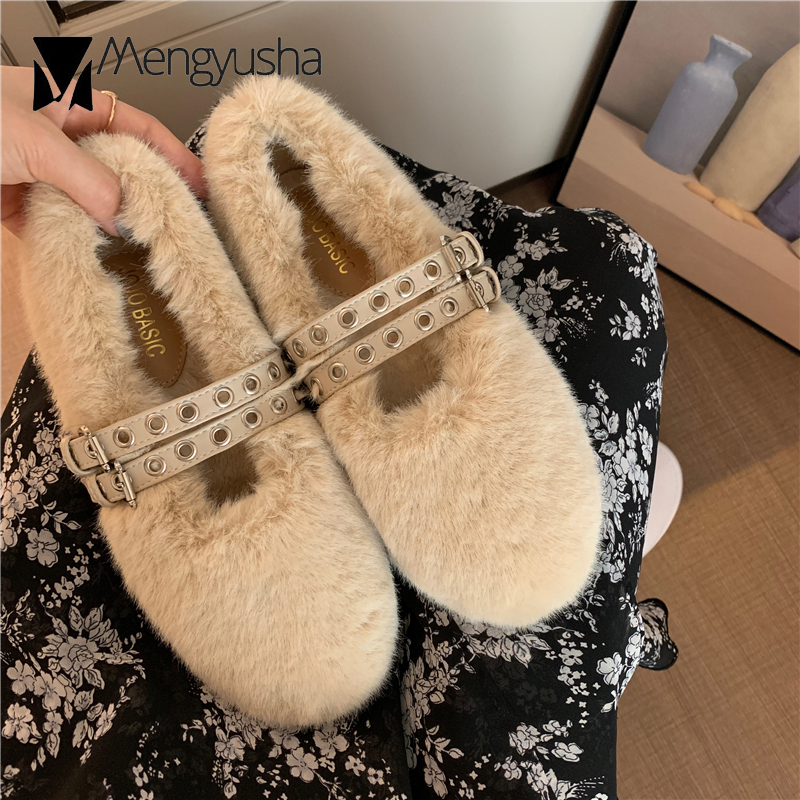 3347f shoes Winter Cotton for women ballerina cozy cotton loafers warm plush moccasins woman double studs buckle belt fur flats 2023
