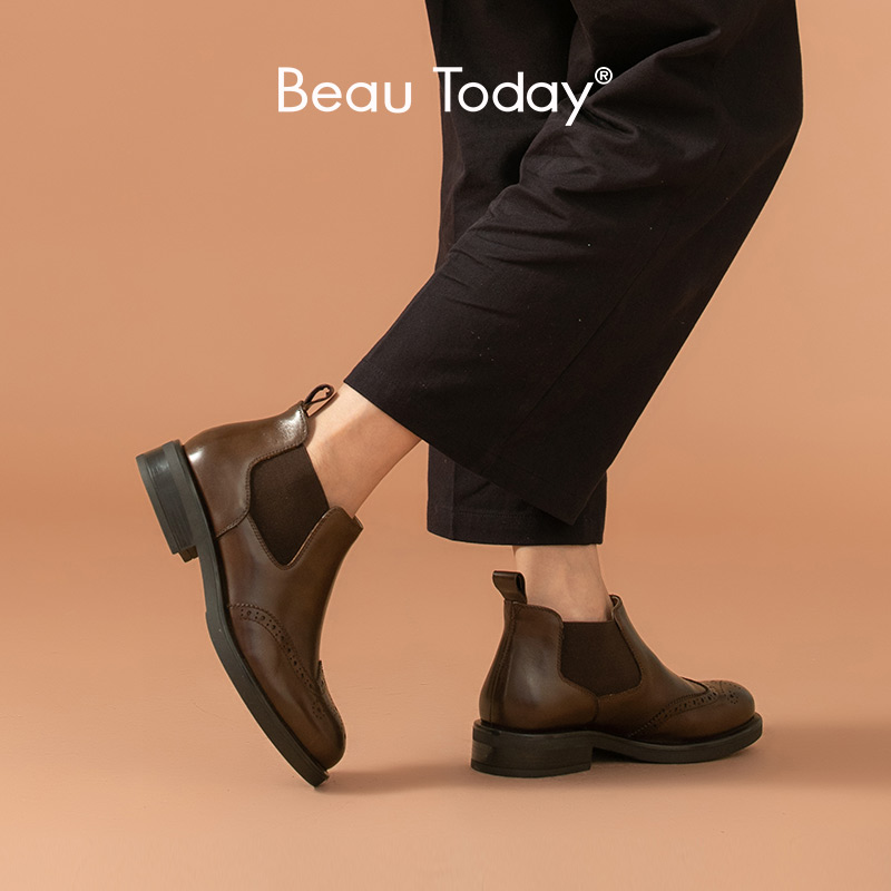 Boots BeauToday Women Cow Leather Brogue Fretwork Round New Toe Elastic Slip On Ladies Flat Heel Shoes Handmade 03709 3d10