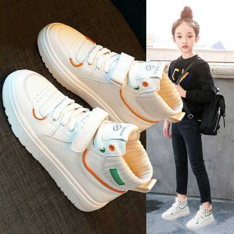 Athletic Outdoor Girls sports 2023 Spring Autumn new style anti slip high top casual board medium and large childrens white shoes H260130