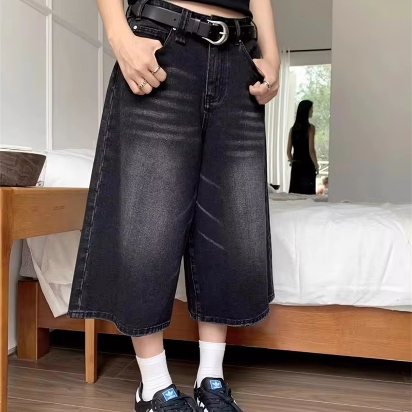 QWEEK Y2k Baggy Vintage Jort High Waist American Streetwear Wide Leg Knee Length Jeans Casual Loose Summer Denim Shorts y240830