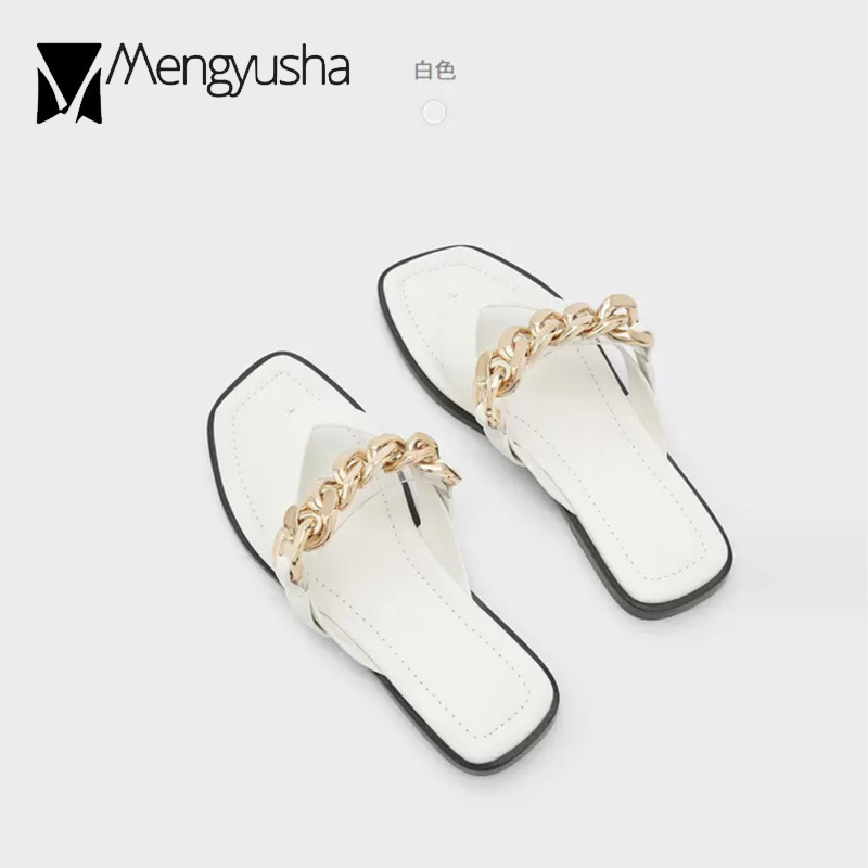 Brand 2023 Ladies Flip ps Metal Chains New Slippers Flats Heels Slip On Pantufa Slides Woman Outdoor Beach Sandals Summer Shoes