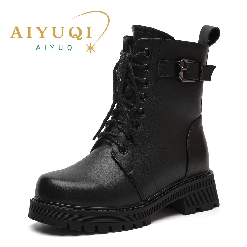 Women's AIYUQI Winter Shoes Large Size Genuine Leather Women Snow Mom Thickened Wool Warm Combat Boots Ladies b58e
