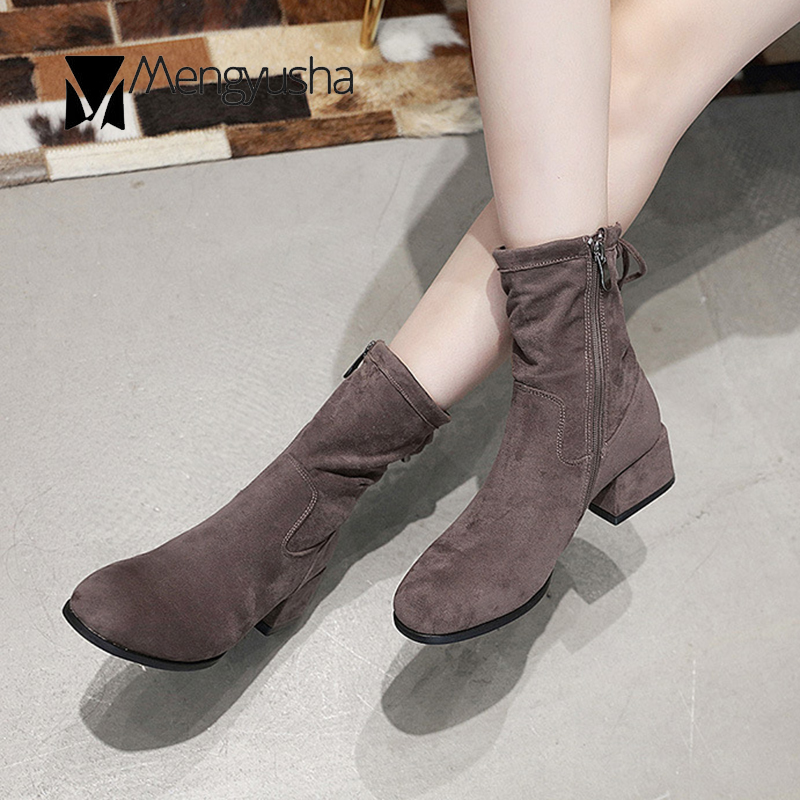 size women big Korean mid-calf round toe chunky heels riding boots casual side zip lace-up bow stretch ck soc booties effa