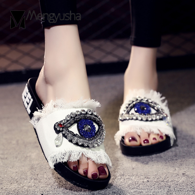 Handmade colors 5 denim slippers woman sandals outdoor crystal New eyes decorate slides beading bg flipps beach slip on shoes