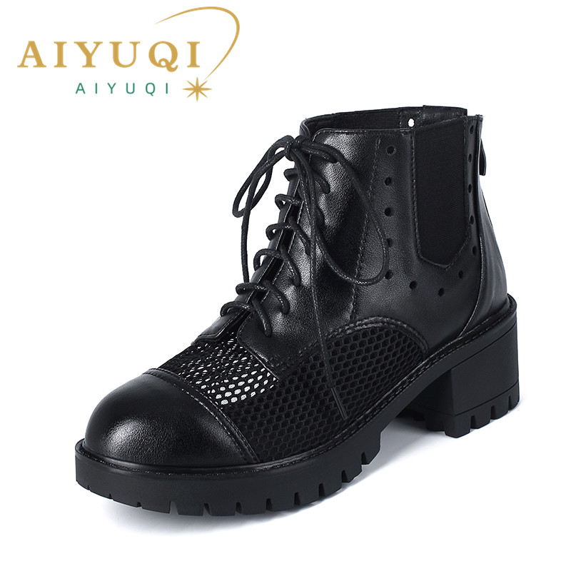 Summer AIYUQI Marton Hollow Short Women Genuine Leather Large Size 41 42 43 Thick-heel Cool Boots Ladies 61ce
