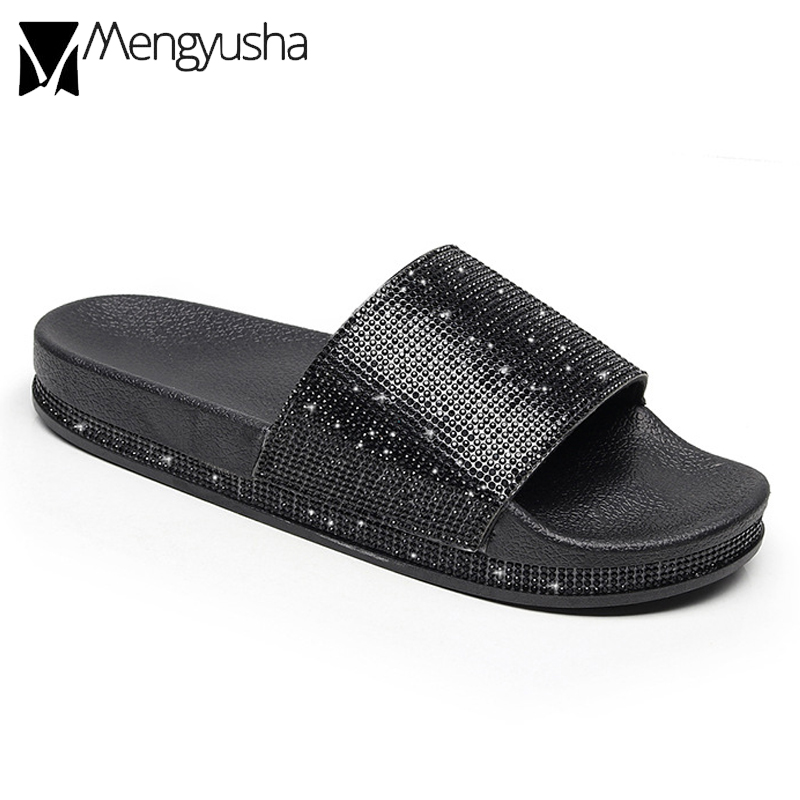 glitter rhinestone flip flops women open toe beach slides gold/silver crystal thick bottom muffins lady roman gladiator sandals