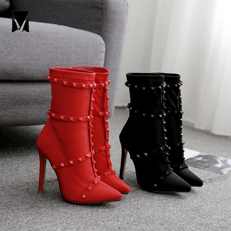 band women Studs stiletto boots stretch fabric short booties ladies european brand rivets belt sock boos 35-42 atos mujer 0986