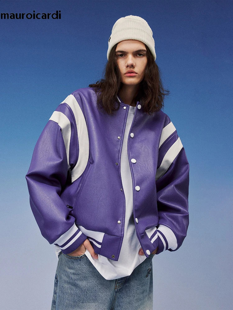 Men's Jackets Mauroicardi Spring Autumn Cool Loose Purple and White Patchwork Pu Leather Bomber Jacket Men Zipper Clothes 240820