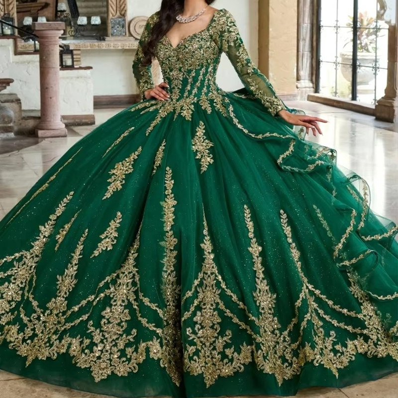 Glitter Green Quinceanera Dresses Ball Gown Gold Lace Applique Beading Tull Detachable Sleeve Sweet 16 Dress Vestido De 15 Anos