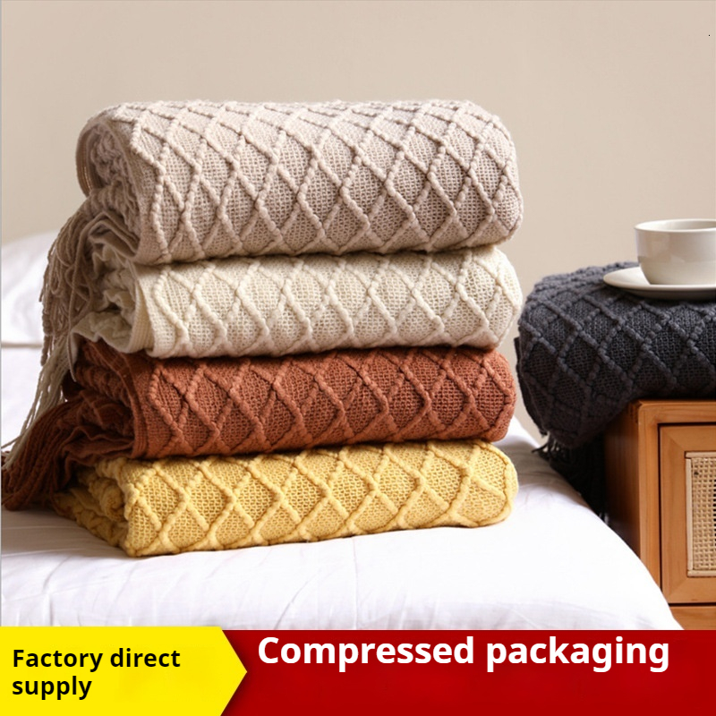 Nordic sofa cover knitted shawl tassel air conditioning blanket, bed towel, solid color summer cool blanket