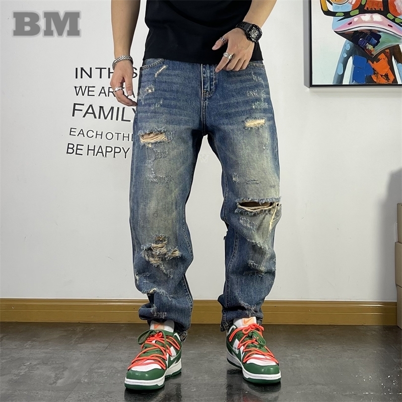 American streetwear open top jeans mens clothing Japanese Haruku casual bag hiphop beggar straight pants 240830