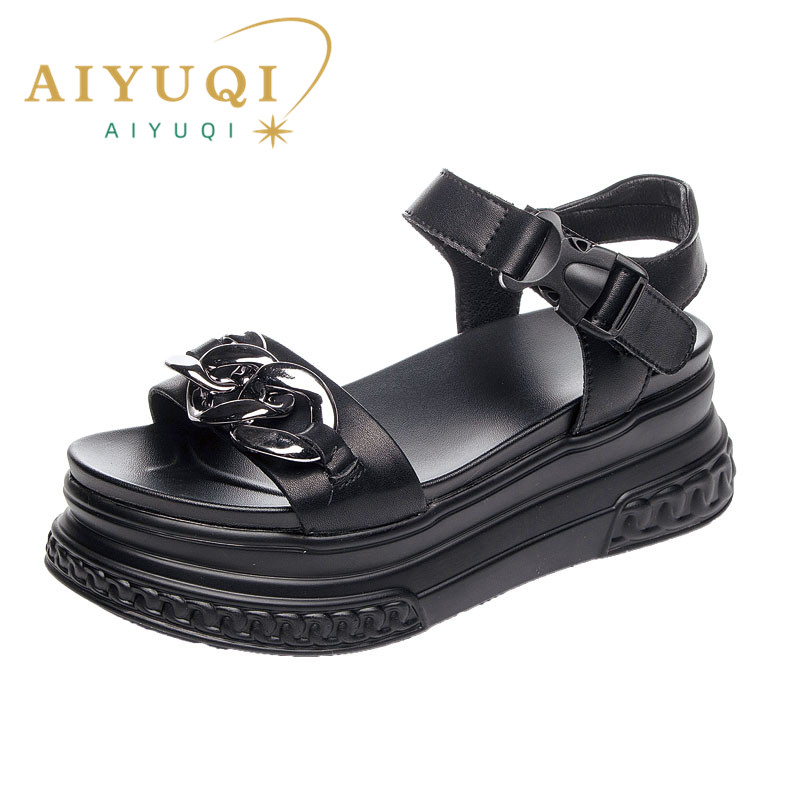 2025 NEW High heel AIYUQI Platform New Genuine Leather Summer Fashion Version Chain Roman Sandals Women aa