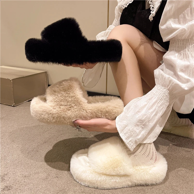 Fur Slippers Winter Platform Fluffy Slippers Furry Sabot Hairy Plush Women House Home Flat Cozy Fuzzy Indoor Shoes Casual 250226