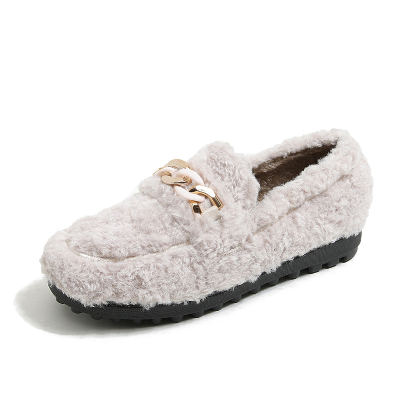 Designer Fur flats Lamb women metal chains platform fur moccasins ladies cozy plush cotton winter shoes furry loafers big size43