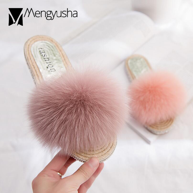 real 100% flip ps sweet pink fox New fur slippers women famous design crystal chain sandals straw espadrilles shoes womanc482