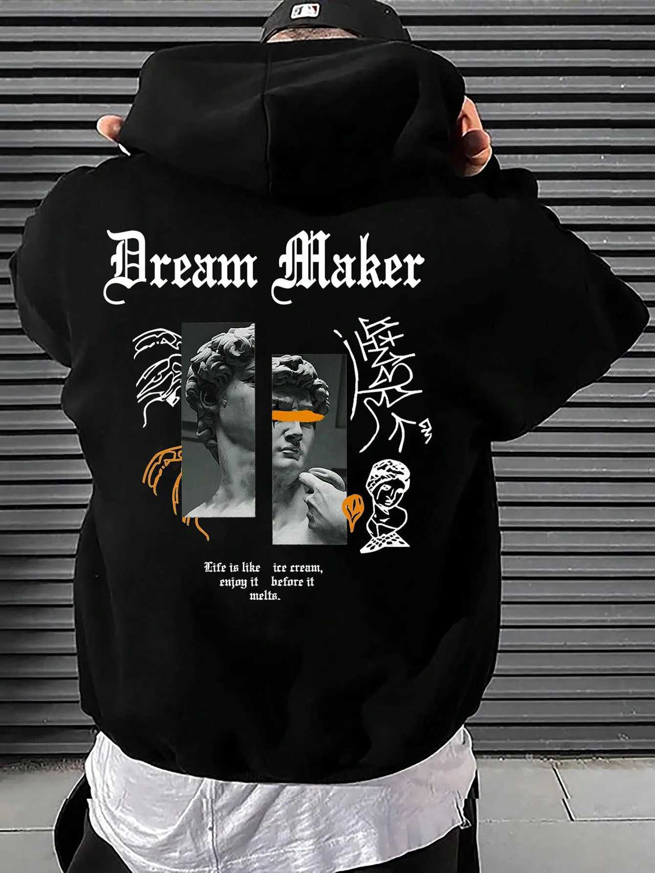 Dream Maker Brave Sculpture Pattern Men Clothing Creative Pocket Hoodies Hip Hop Autumn Streetwear Fleece Casual Male Clothing W251027