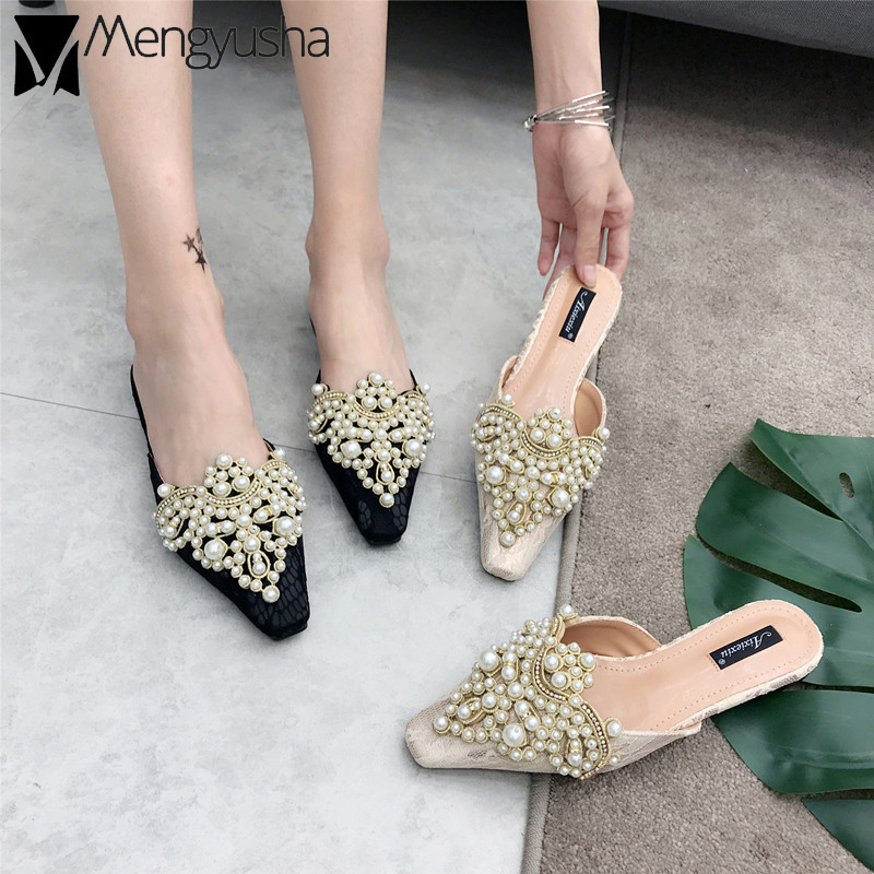 Mujer Pantuflas Quality Sweet Lace Babouche Femme Brand Pearl New Beading Mules Women Shoes Square Slip On Flat Slippers Crystal Pers