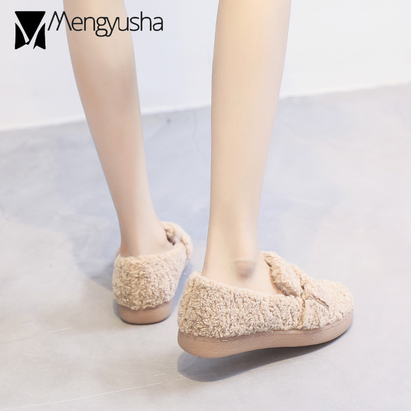 wool toe round 5b2a5 oxford warm plush winter flats female metal buckle curly fur cotton shoes woman furry moccasin ry