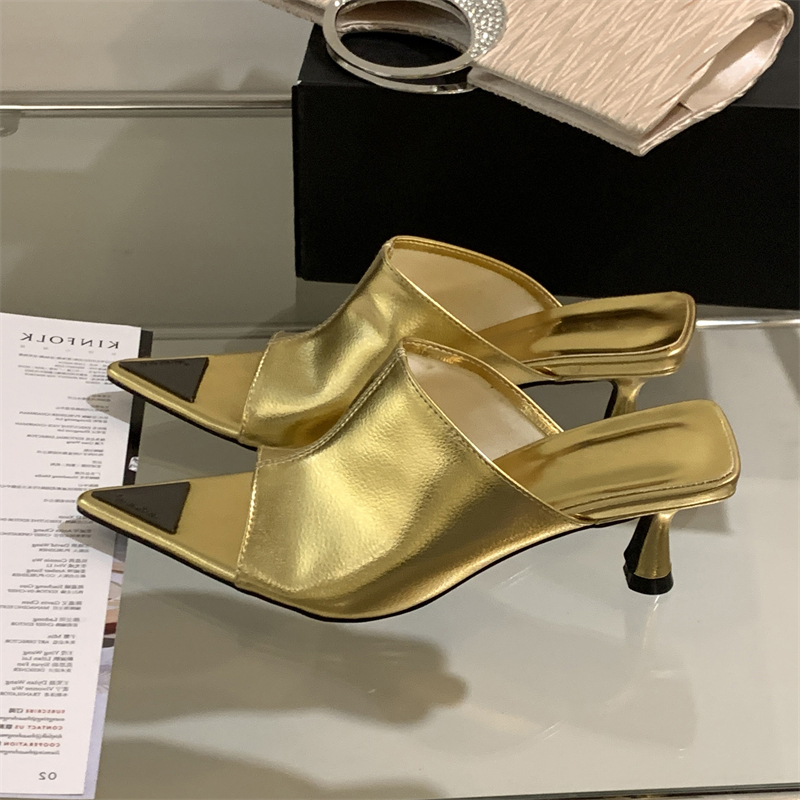 Gold Sier 2024 Eilyken Pointed Toe Slippers Women Designer Thin Low Heels Banquet Party Prom Ladies Slide Shoes