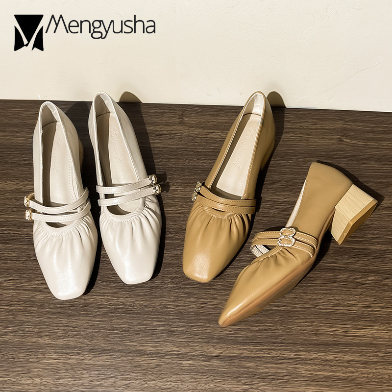 2025 new Woman High 3.5 Heels 61181 Crystal Buckle Strap Shoes Pleated Leather Loafers Femme Wood Heeled Tacones Dress Trendy Pumps Mary Jeans