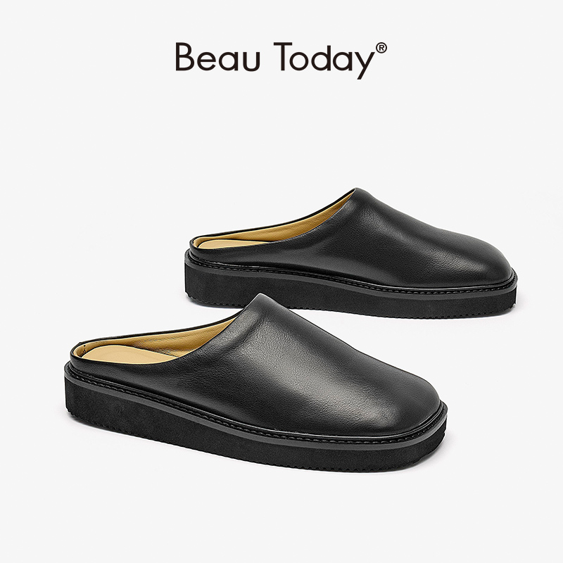 Summer BeauToday Mules New Women Genuine Calfskin Leather Round Toe Concise Outdoor Ladies Flat Slippers High Quality Handmade 36253 13ed