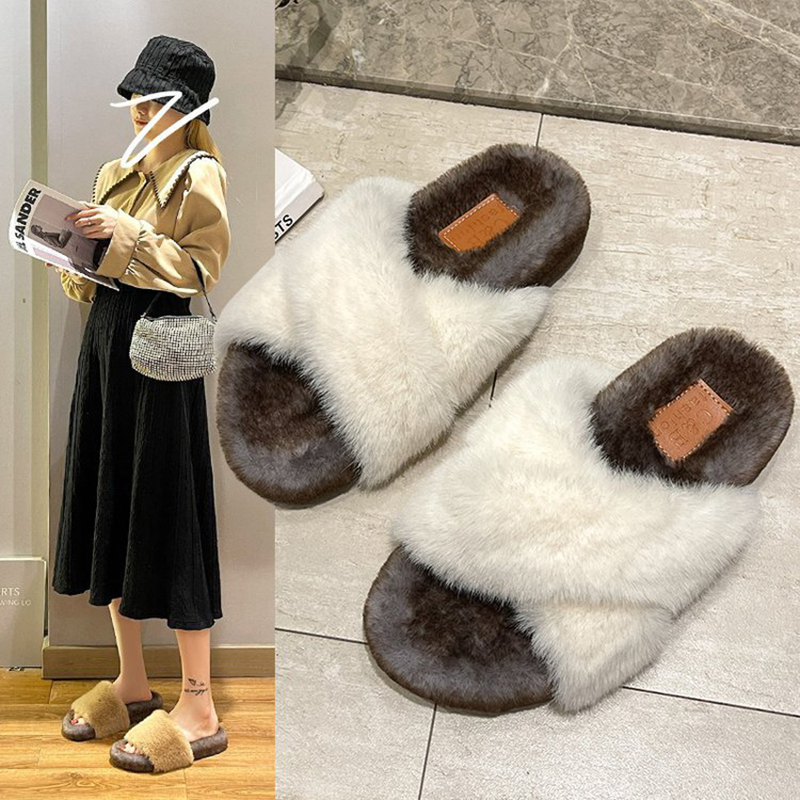 design new winter fur slippers women double band plush slides female cross furry home shoes flipps ladies hairy slipper ry