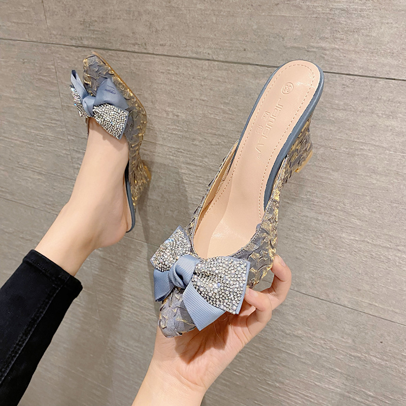 Toe Pointed Coloful beading bow slippers women high heels outdoor slides feast shoes pleated silk blue mules female sandalias ef0