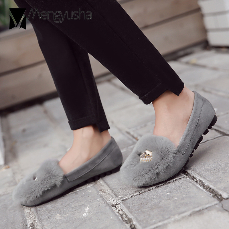cozy rabbit fur flats 84ee8 rhie buckle plush moccasins 41-43 big size crystal furry loafers women winter cotton shoes ry