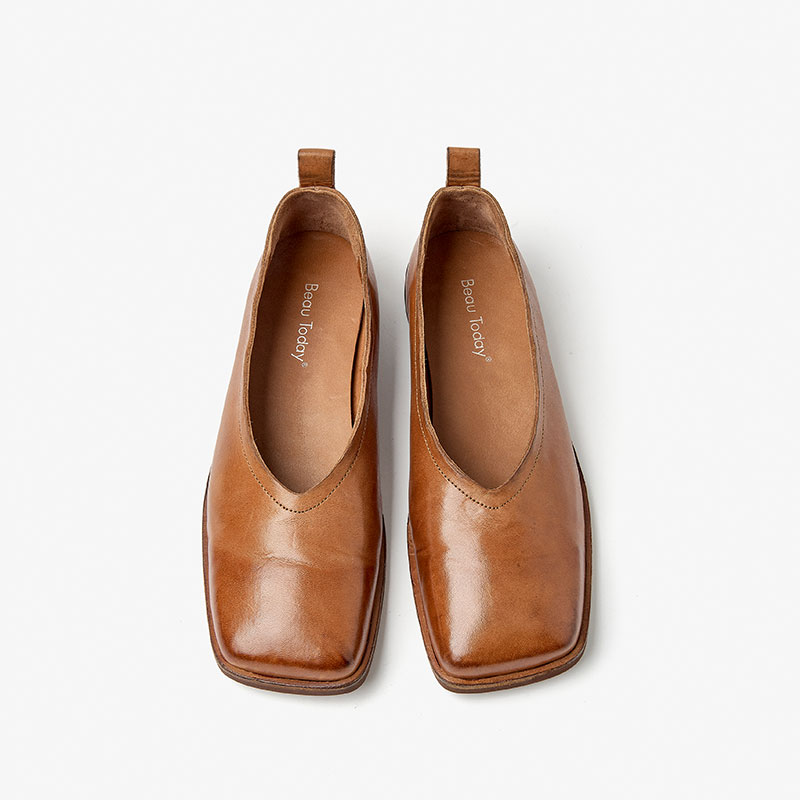 Chunky BeauToday Loafers Women Genuine Leather Slip On Horsehide Square Toe Lady Solid Flats Casual Shoes Handmade 28078 e3b3