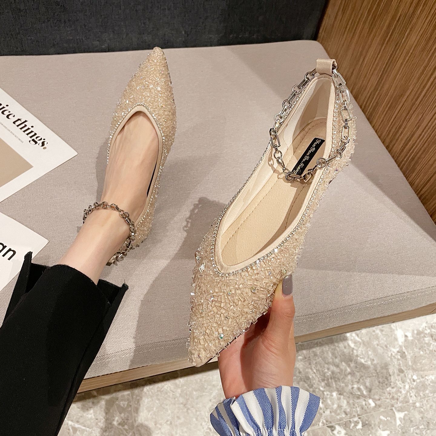 studded 8a8a1 crystal bg flats woman brand designer metal chains ankle strap mary janes female glitter weeding shoes 4579