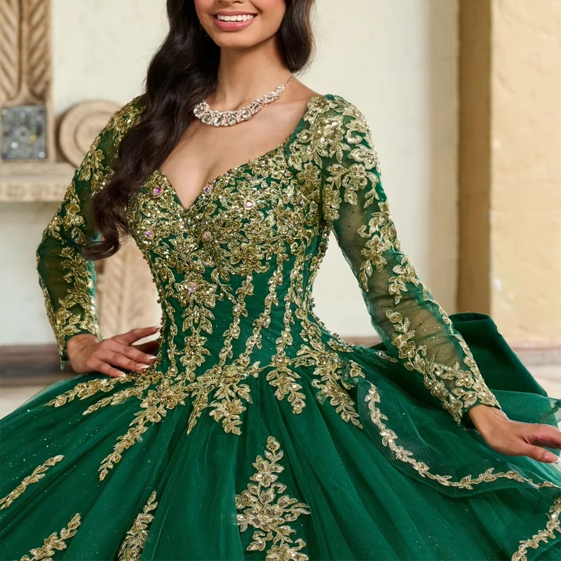 Glitter Green Quinceanera Dresses Ball Gown Gold Lace Applique Beading Tull Detachable Sleeve Sweet 16 Dress Vestido De 15 Anos