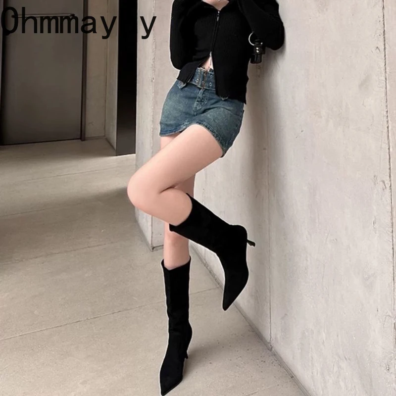 For Cowboy Women Fashion Slip On Long Female Thin High Heel 2024 Autumn Winter Girl's Boots Shoes e143