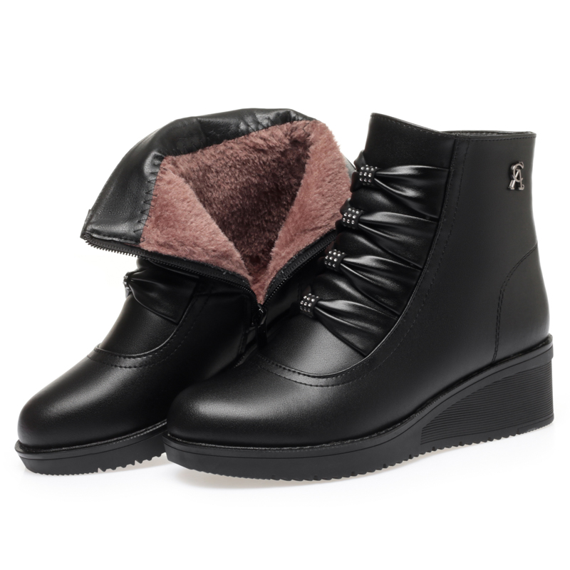 AIYUQI Mom Winter Shoes Wedge Heel 2024 New Genuine Leather Women Snow Boots Round Toe Casual Chunky Warm Ladies Short Boots
