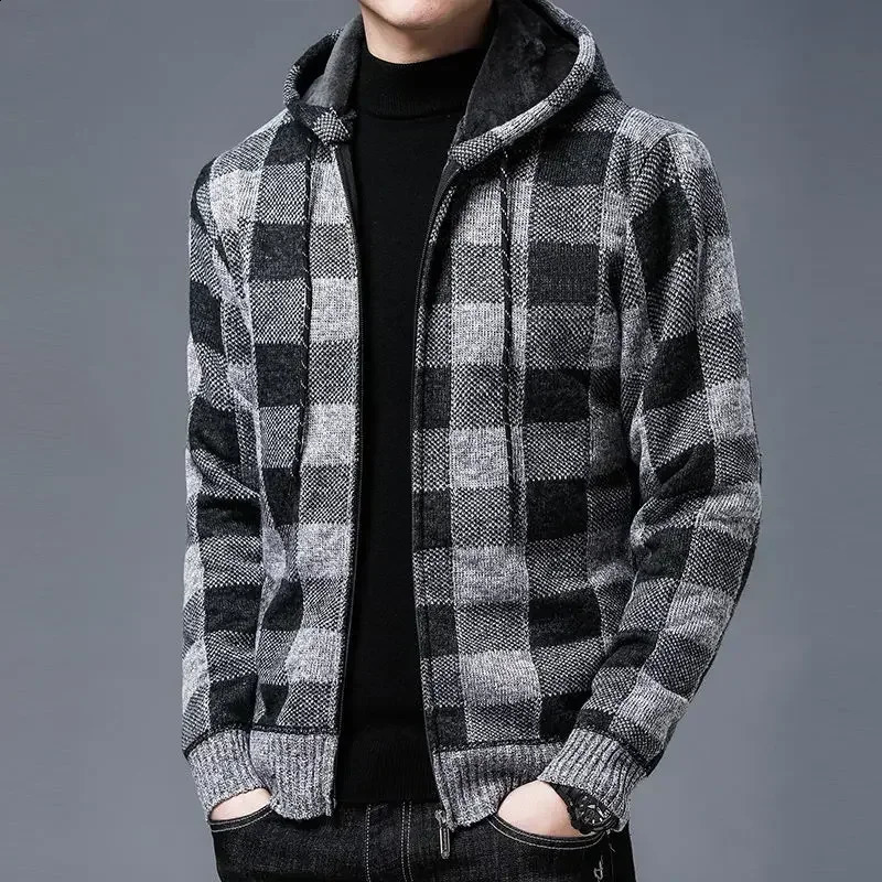 Knit Sweater Male Zipper Plaid Mens Clothing Cardigan Hoodies Zip-up Thick Winter Red Tops Jumpers Casual Stylish A 240902