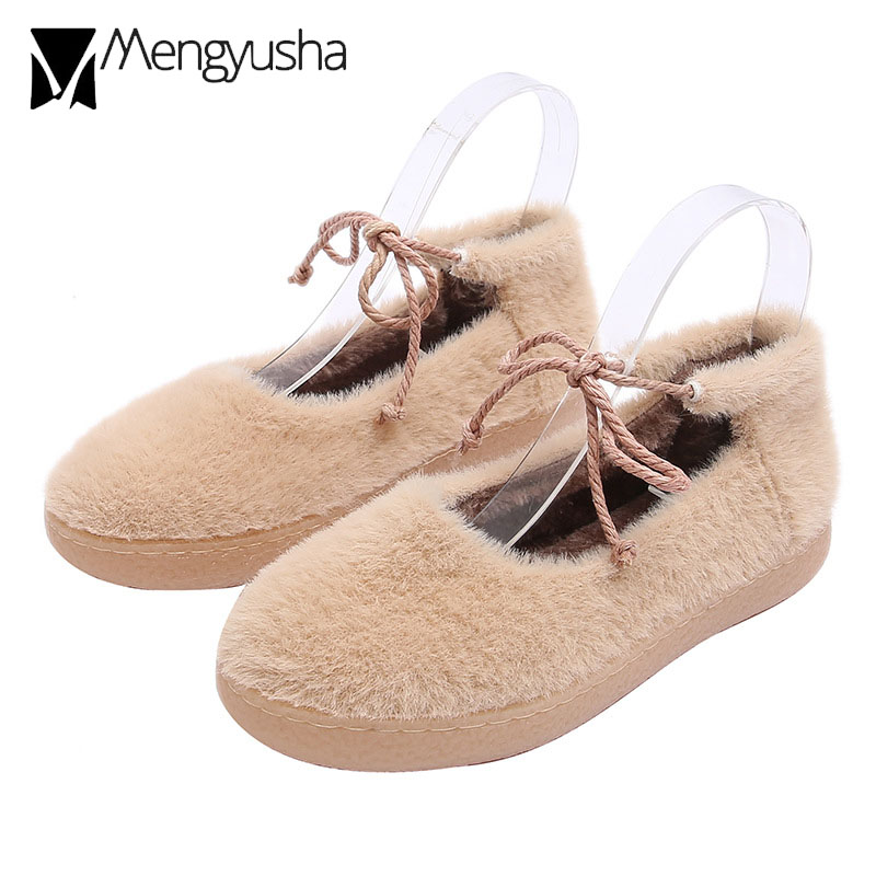 fur bae0a cross-tied round toe moccasins women cozy warm winter cotton ladies soft bottom furry pregnant flat shoes big size 43 ry