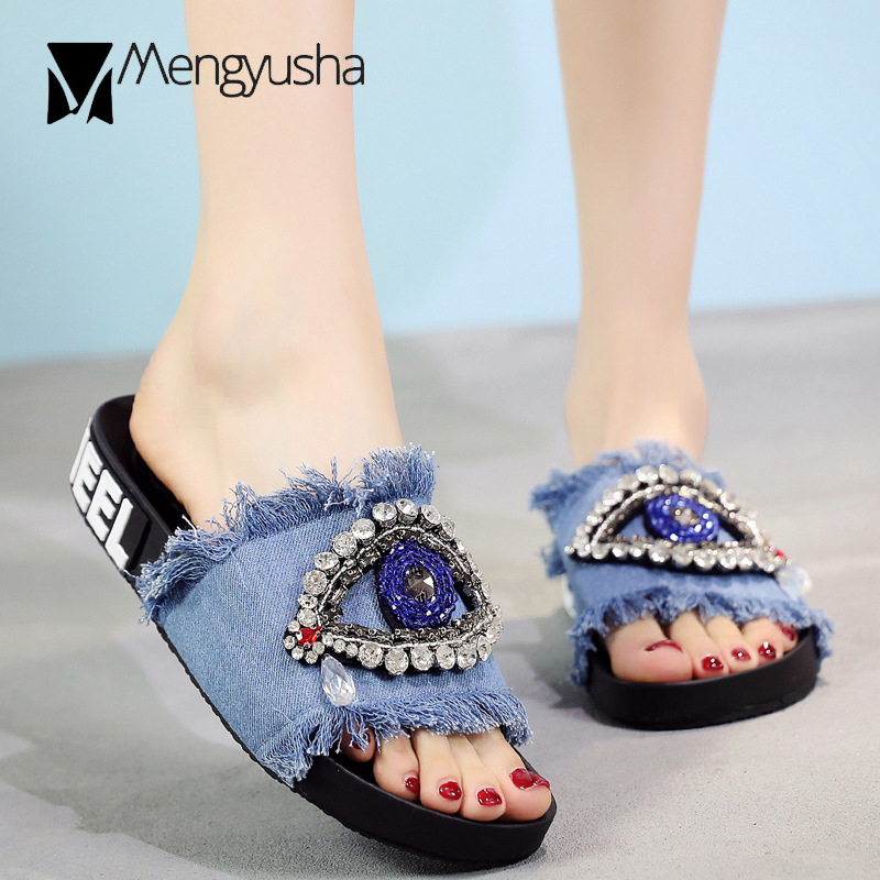 Handmade colors 5 denim slippers woman sandals outdoor crystal New eyes decorate slides beading bg flipps beach slip on shoes