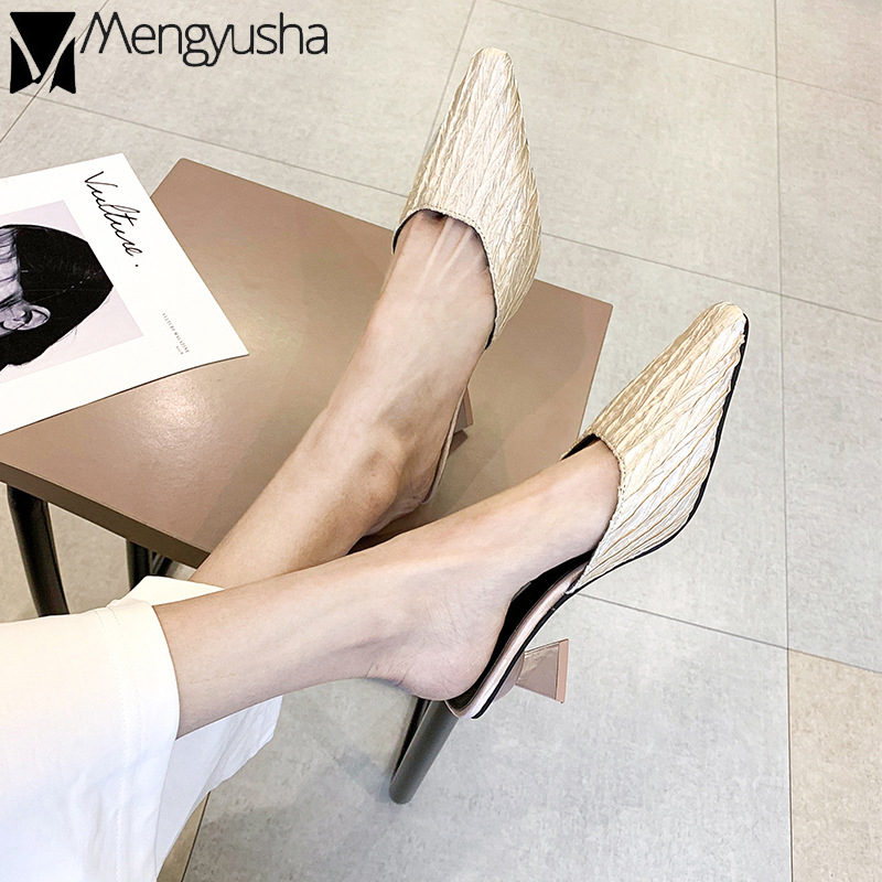 Pleated 2020 Summer mules shoes woman pure elegant dress pumps korean strange high heels slippers women closed toe sandals satin