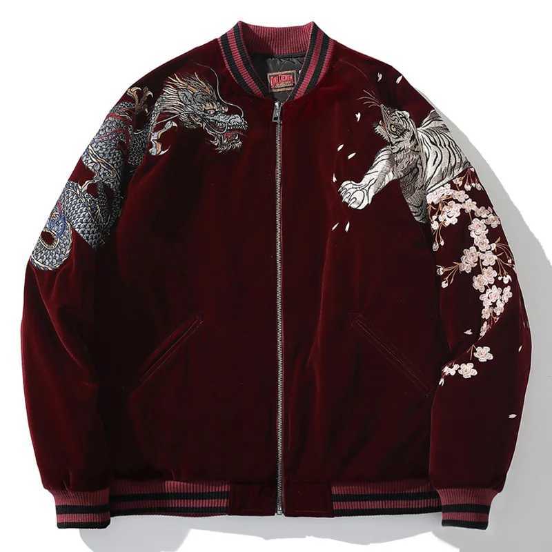 Men's Jackets Thicken Bomber Jacket Men Dragon Phoenix Animal Embroided Jbaseball Ackets Winter Japanese Retro Outwear Warm Velvet Coat 2022 Y240