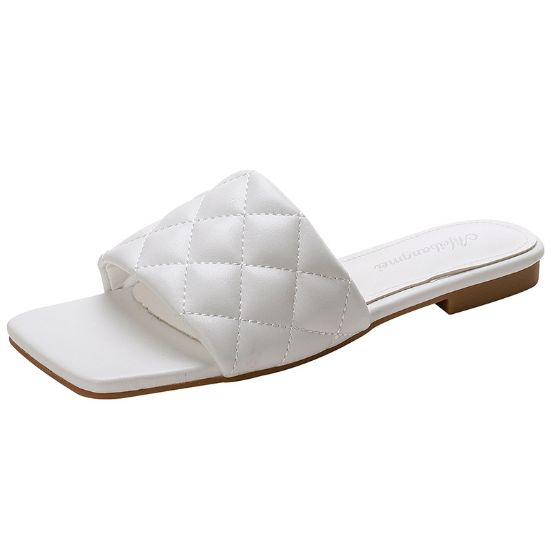 Leather Quilted Brief Slippers Woman Plaid Sewing Shoes Flats Low Heels Sandalias Mujer 2022 Open Toe Flipps Casual Slides 908